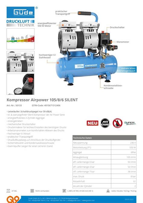 Güde Druckluft Kompressor Airpower 105 8 6 SILENT Ölfrei leiseläufer 8