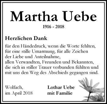 Traueranzeigen von Martha Uebe Schwarzwälder Bote Trauer