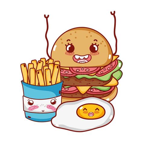 Comida Rápida Tierno Patatas Fritas Huevo Y Hamburguesa Dibujos