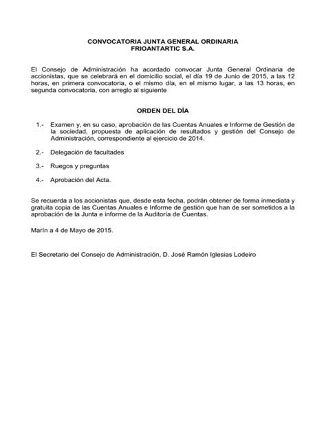 Modelo Carta De Convocatoria Junta Comunidad De Propietarios Modelo