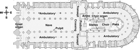 Floor plan of Notre-Dame de Paris with a labeling of architectural ...