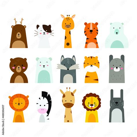 set of cute animal illustrations in flat design style. a simple drawing of an animal's head ...