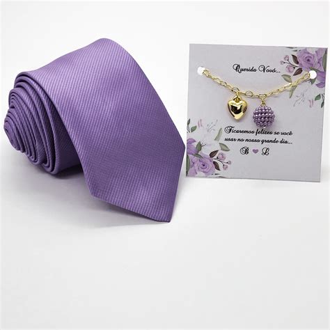 Gravata 1200 fios Jacquard e Pulseira Lilás Lavanda para Padrinhos de