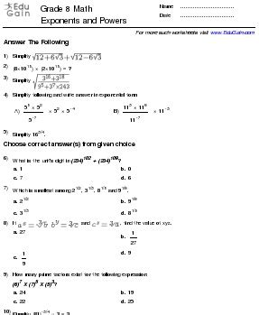 Grade Exponents And Powers Worksheet