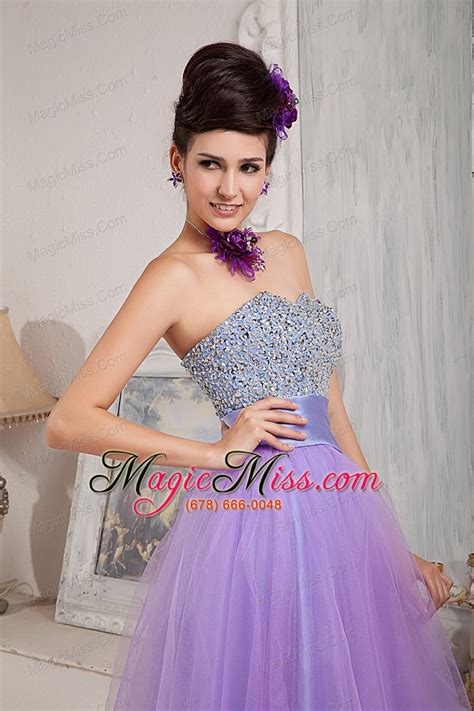 Lavender A Line Princess Strapless Floor Length Tulle Beading Prom