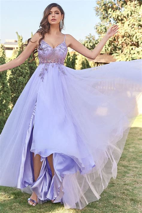 Lavendel Tyll A Linje Balkl Nning Med P Rlor Tiered Prom Dress Tulle