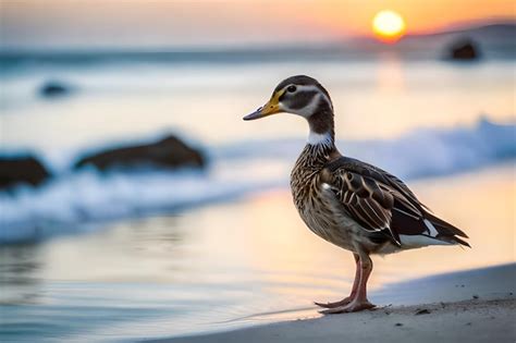 Un Pato Se Para En La Playa Al Atardecer Foto Premium