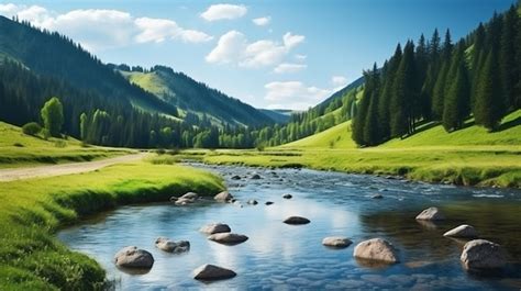 Premium AI Image | Beautiful summer mountain river nature scenery wallpaper AI Generated Image