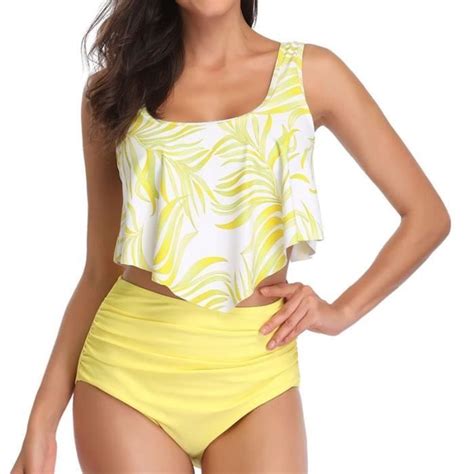 Maillot de bain femme Type Bikini flamands roses à volants taille haute et froncé Blanc