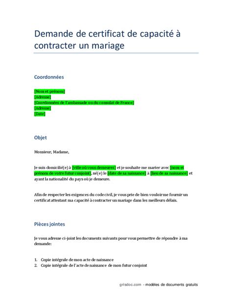 Demande Au Consulat De France Un Certificat De Capacit Contracter Un