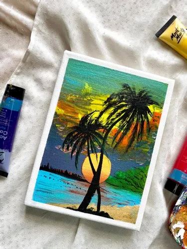 Landscape Acrylic Sunset At Beach Stretched Canvas Painting Shape