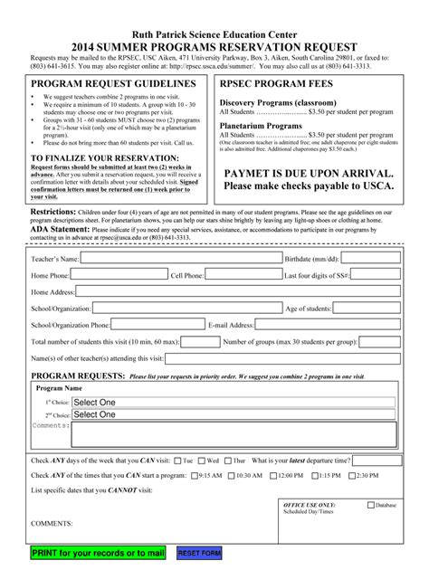 Fillable Online Rpsec Usca Summer Reservation Request Form