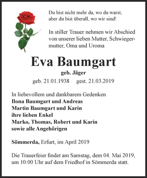 Traueranzeigen Von Eva Baumgart Trauer In Thueringen De