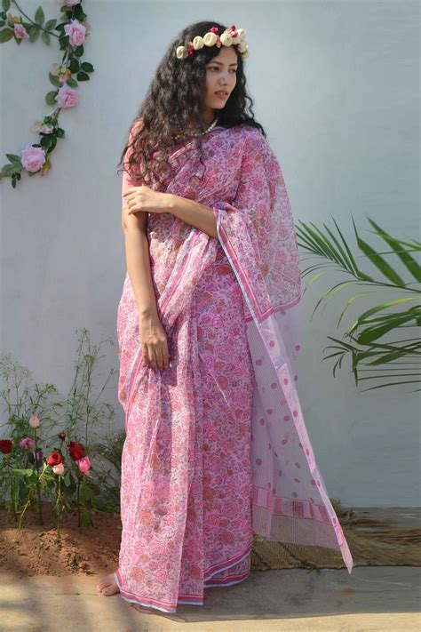 Buy Pink Kota Doriya Block Printed Wild Rose Saree For Women By Studio