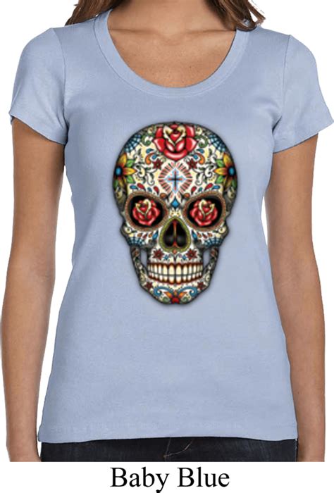 Ladies Skull Shirt Sugar Skull With Roses Scoop Neck Tee T Shirt