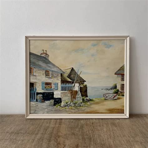 Vintage Oil On Board Painting Fishing Seaside Beach Boat Nautical Scene