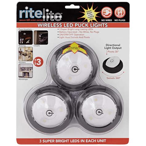 Rite Lite 3 Pack Gray Battery Powered Cordless Led Puck Lights 28005