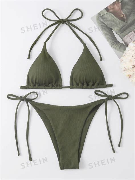 Shein Swim Set Bikini Unicolor Sujetador Tri Ngulo Halter Bottom Con