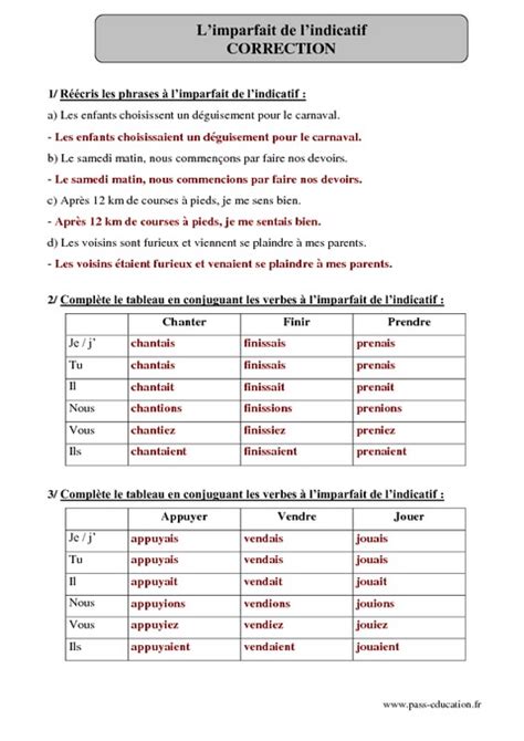 Imparfait De Lindicatif Cm2 Exercices Corrigés Conjugaison