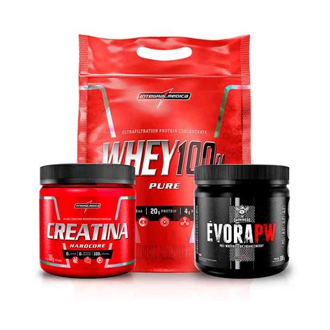 Kit Whey 100 Pure 907g Refil Creatina 300g Pré treino Évora Pw