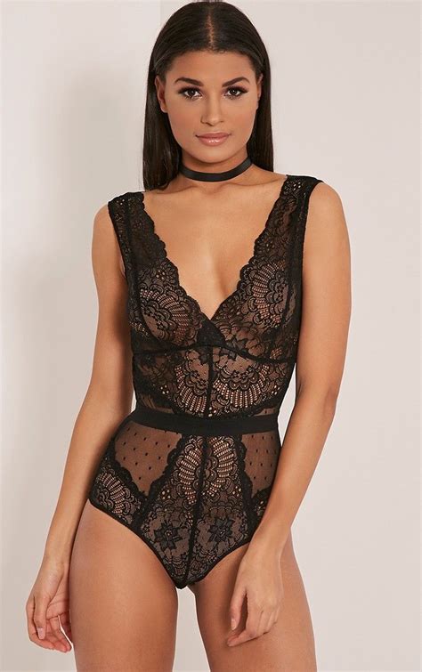 Black Lace Bodysuit Featuring Ultra Sheer And Effortlessly Sexy Lace Fabric This Plunge Front B