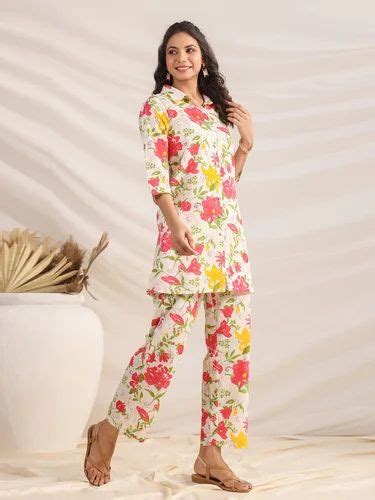 Mustard Janasya Womens Off White Cotton Floral Regular Co Ord Set At