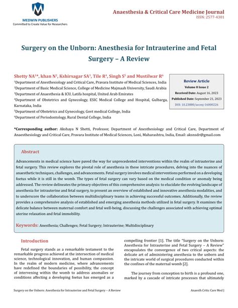 Pdf Anaesthesia And Critical Care Medicine Journal Surgery On The Unborn Anesthesia For