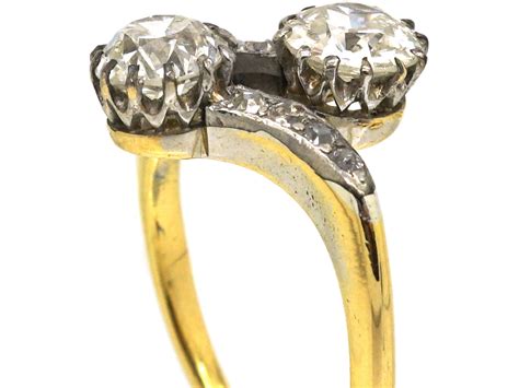 Edwardian Ct Gold Platinum Two Stone Diamond Crossover Ring With