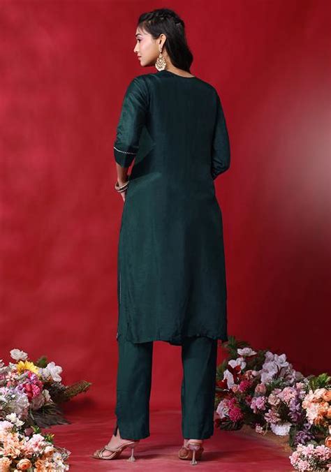 Buy Women Green Zari Leaf Hand Embroidered Kurta Set With Pants And