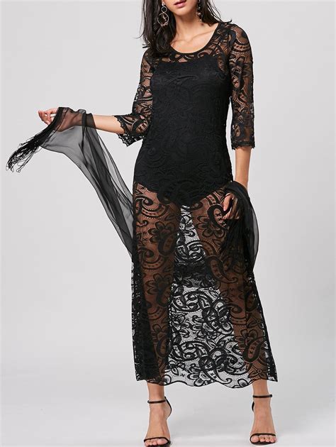 2018 Maxi Sheer Lace Insert Dress In Black Xl