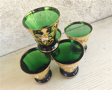 Vintage Cordial Shot Glass Bohemian Czech Hand Painted Green Gold Gild Enamel Flowers