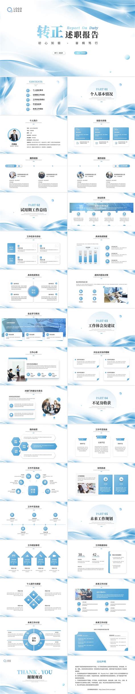 蓝色简约渐变风微粒体转正述职报告工作总结工作汇报ppt模板 包站长