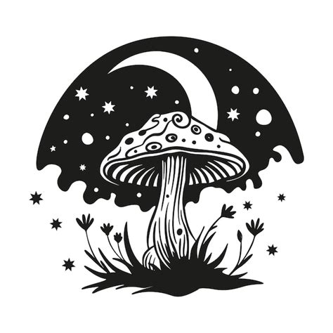 Premium Vector Magic Mushroom Moon Vector Silhouette Black Line