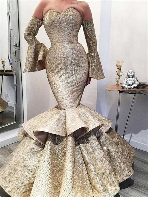 89 Gold Long Sleeve Mermaid Prom Dresses