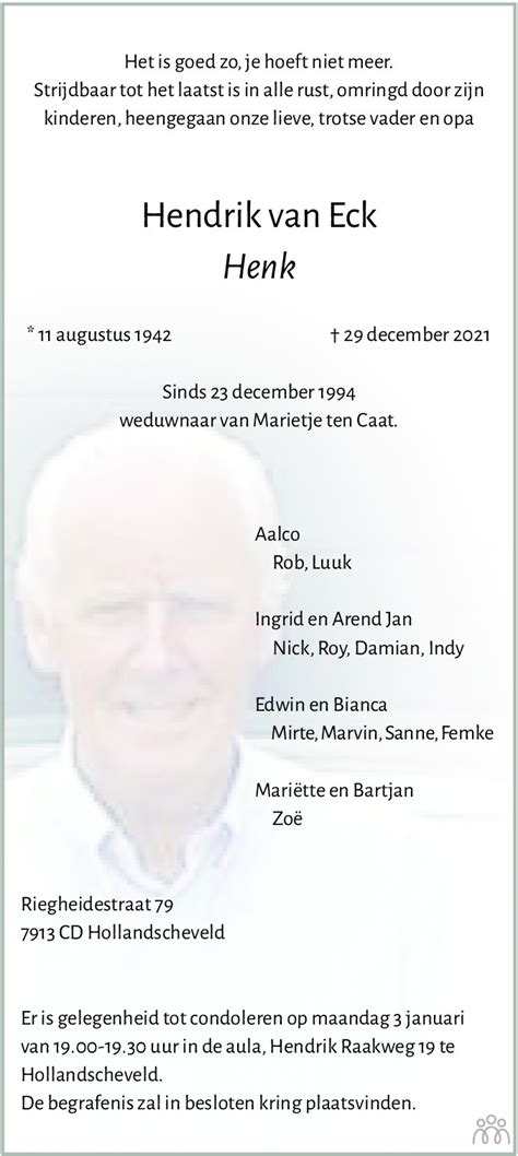 Hendrik Henk Van Eck 29 12 2021 Overlijdensbericht En Condoleances