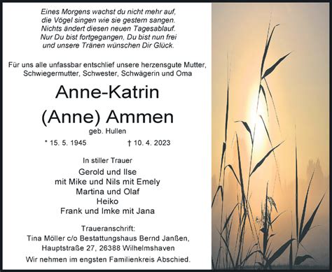 Traueranzeigen Von Anne Katrin Ammen Nordwest Trauer De