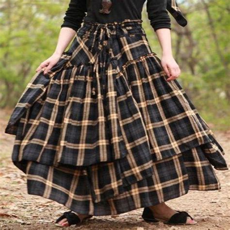 Cotton Vintage Casual Checkered Skirt Long Skirts For Women