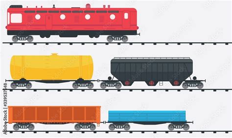 Freight train locomotive with three kinds of railcars. Railroad cargo ...