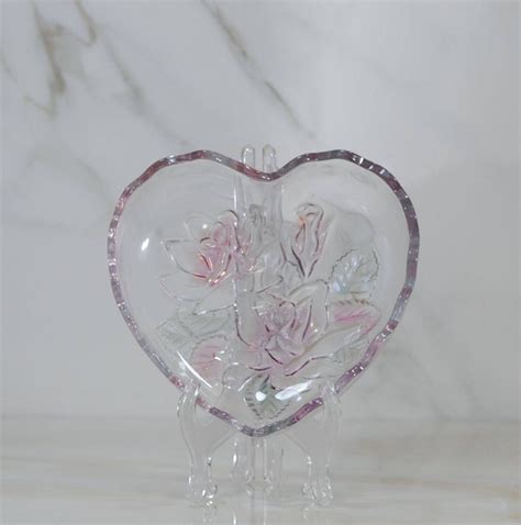 Vintage Heart Shaped Crystal Dish Mikasa Rose Pearls Glass Heart Shaped Bowl Candy Dish