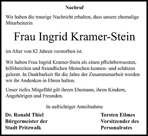 Traueranzeigen Von Ingrid Kramer Stein Trauer Anzeigen De