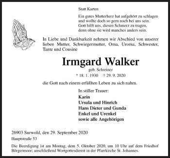 Traueranzeigen Von Irmgard Walker Noz Trauerportal