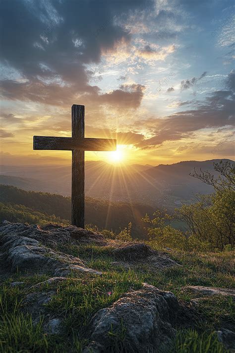 Sunset Cross On Mountaintop A Symbol Of Hope And Faith Background