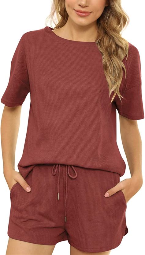 Women Waffle Knit Short Sleeve Set Sleeve Crop Top And Shorts Sleepwear With Pockets