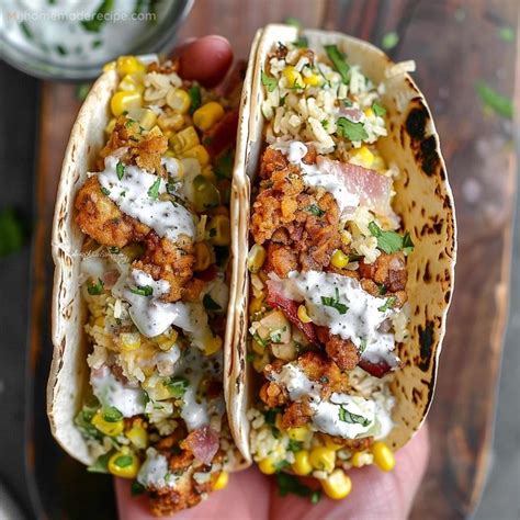 Fried Chicken Street Corn Tacos With Bacon And Jalapeno Lime Ranch Recipe In 2024 Corn Taco