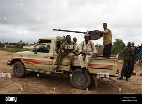 Somali militia on a Technical support vehicle fitted with 12.7mm anti aircraft weapon, Merca ...