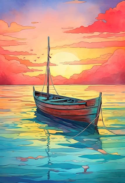 Premium AI Image | a watercolor painting of a boat with a sunset in the ...