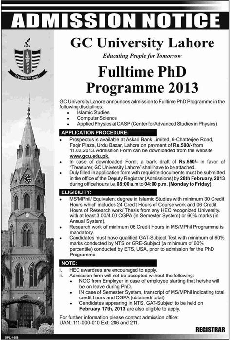 GCU Lahore Admissions in PhD Program 2013