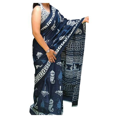 Shop Navy Blue Colour With White Bagru Print Saree GI Heritage