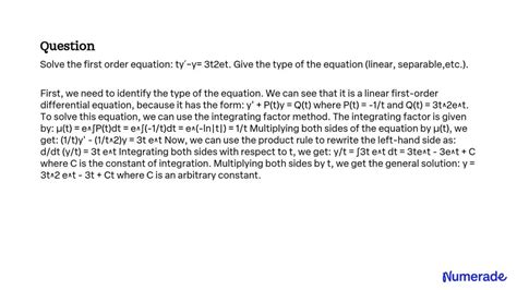 Solved Solve The First Order Equation Ty Y T E T Give The