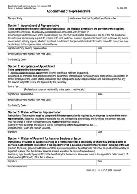 Fillable Form Cms 1696 Appointment Of Representative Printable Pdf